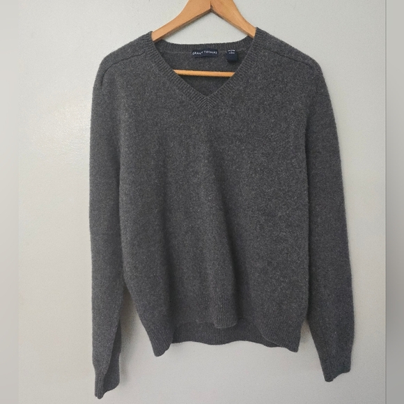 Grant Thomas Grey 100% Wool V Neck Sweater Large Preppy Academia - Picture 1 of 9
